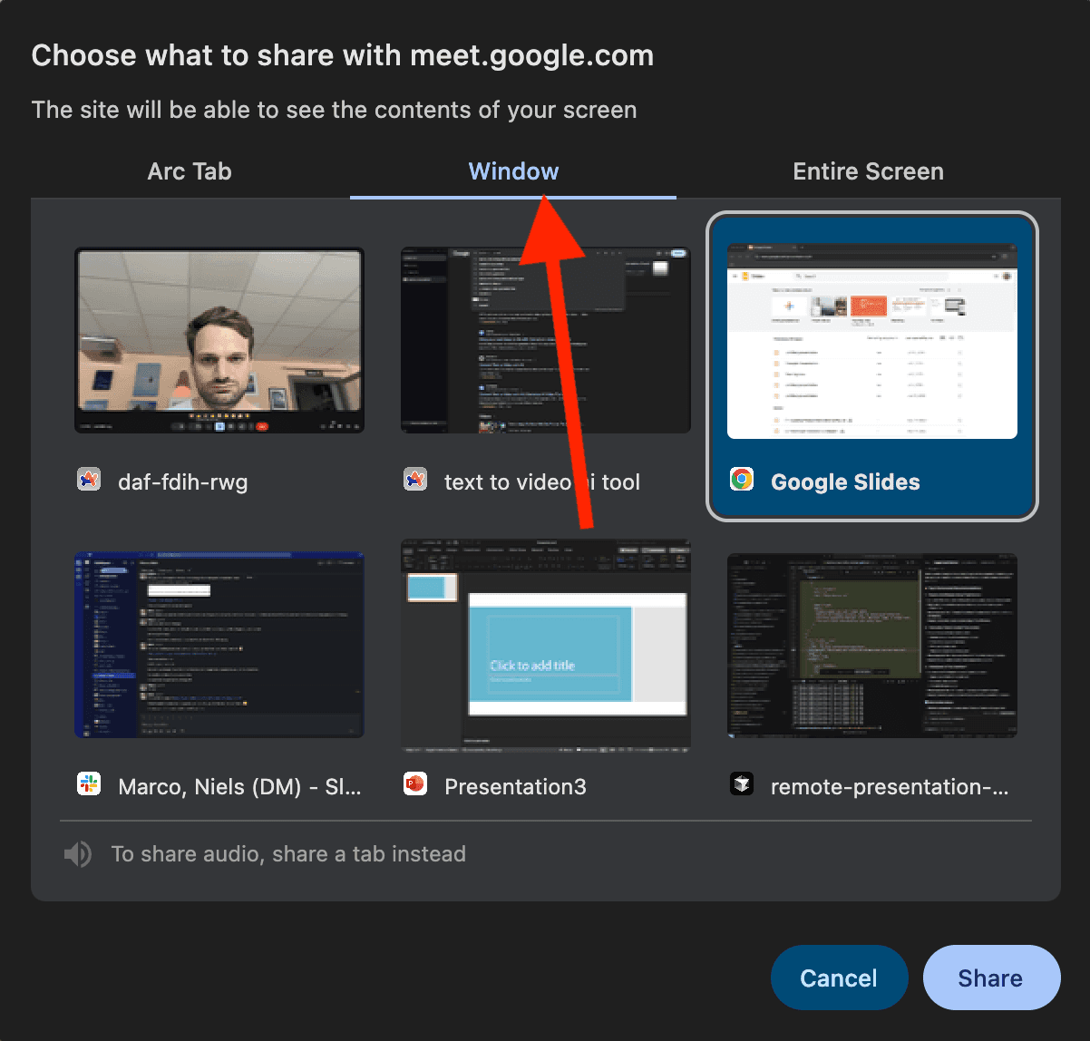 Google Meet share window dialog showing options to share specific windows instead of entire screen
