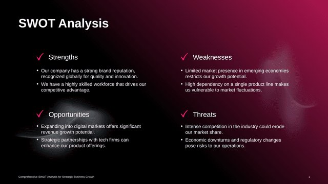 Dark Gradient Pink Highlight SWOT Template Layout template slide 1 preview
