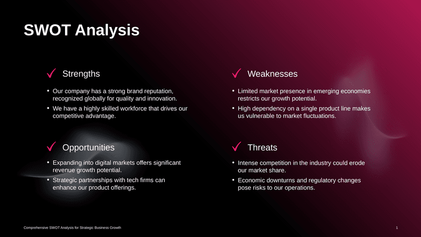 Dark Gradient Pink Highlight SWOT Template Layout