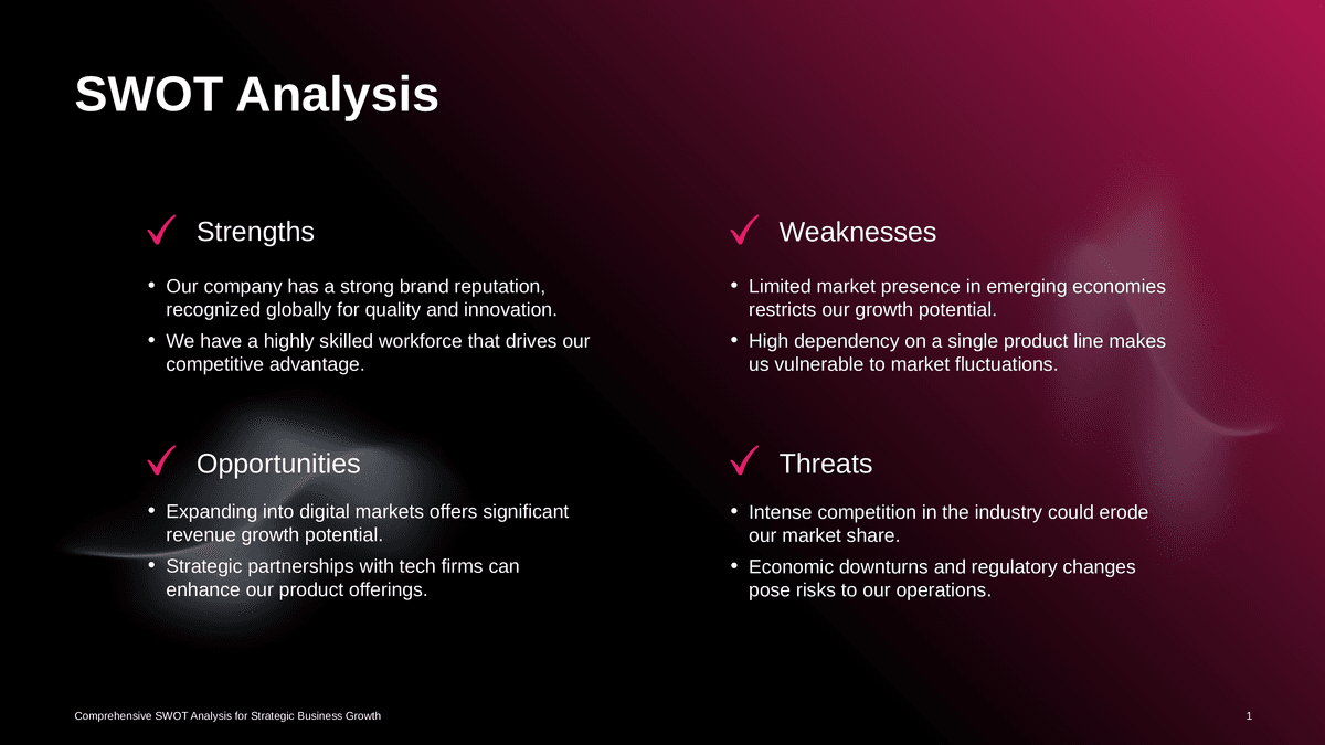 Dark Gradient Pink Highlight SWOT Template Layout PowerPoint Template Preview - Business Presentation Design