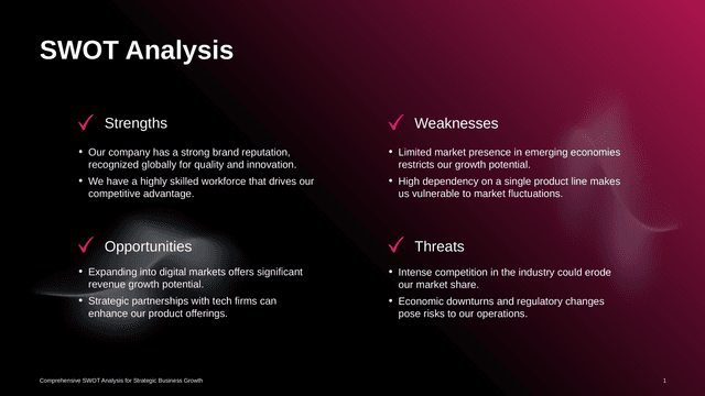 Dark Gradient Pink Highlight SWOT Template Layout template slide 1 preview