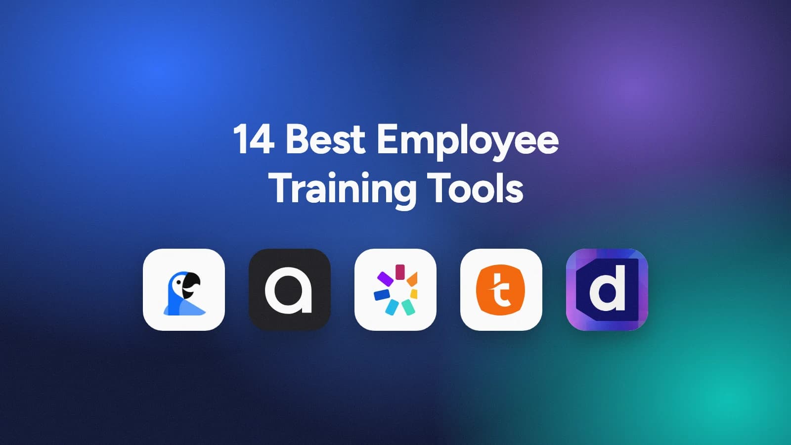 Cover image for a roundup of 14 employee training tools, with logos for SlideSpeak, Articulate, iSpring, TalentLMS and Docebo