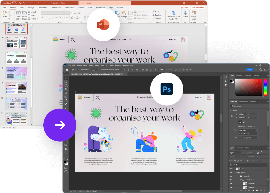 PowerPoint to PSD conversion before and after comparison