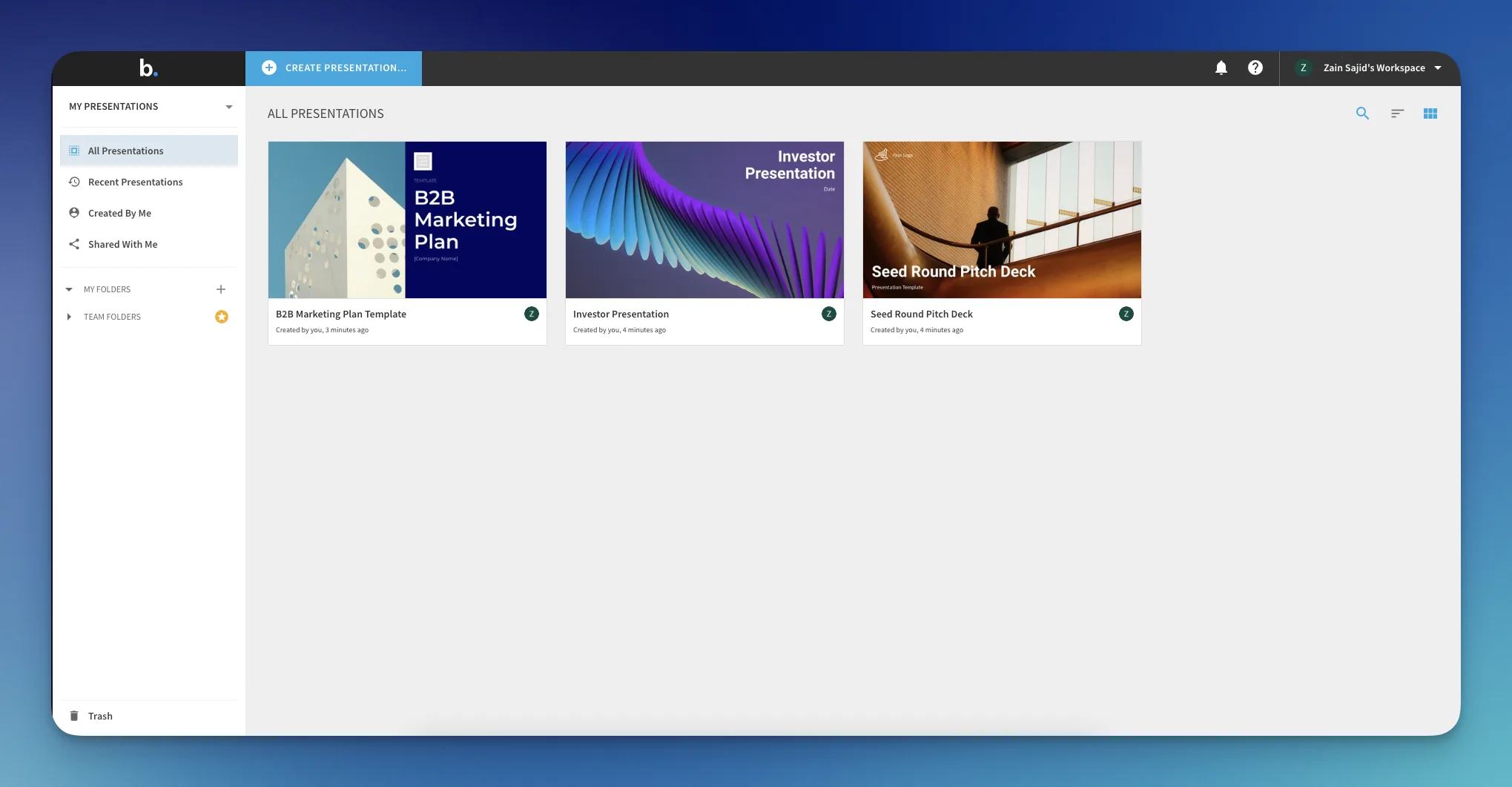 Beautiful.ai presentations dashboard
