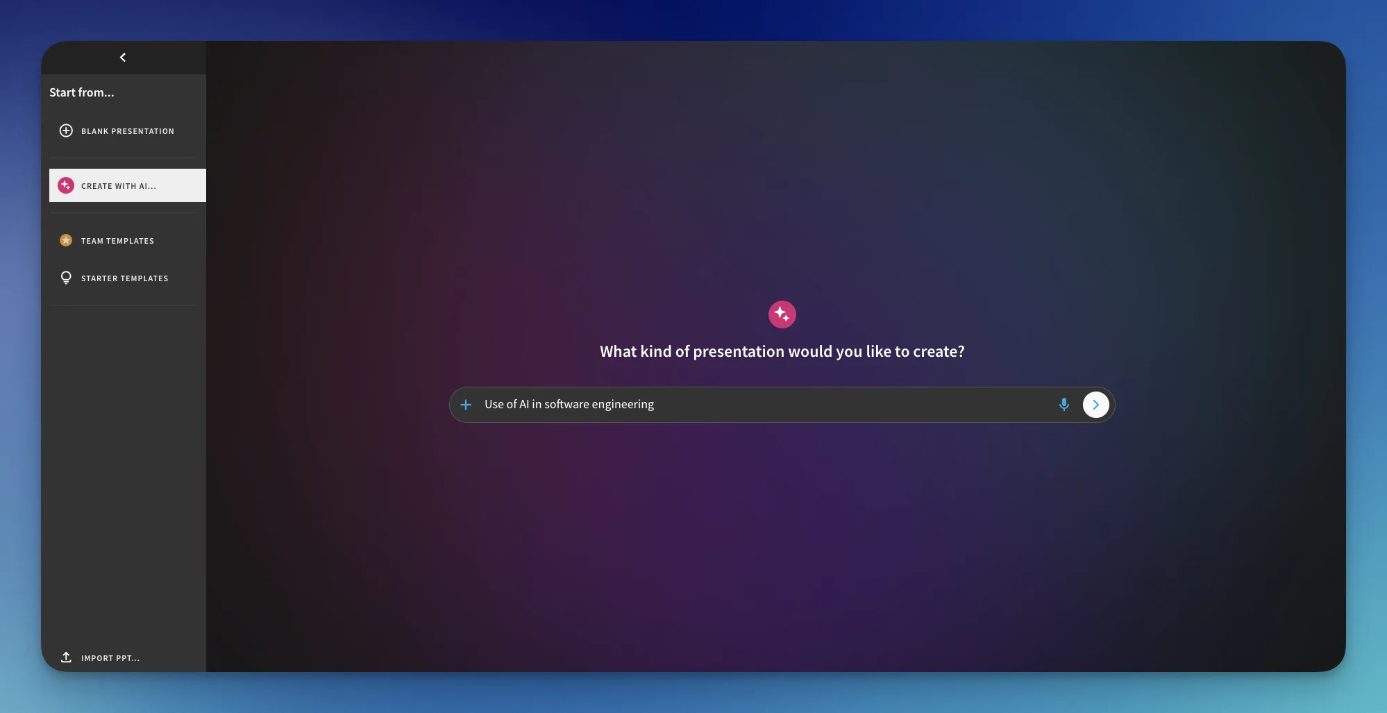 Beautiful.ai create with AI prompt screen
