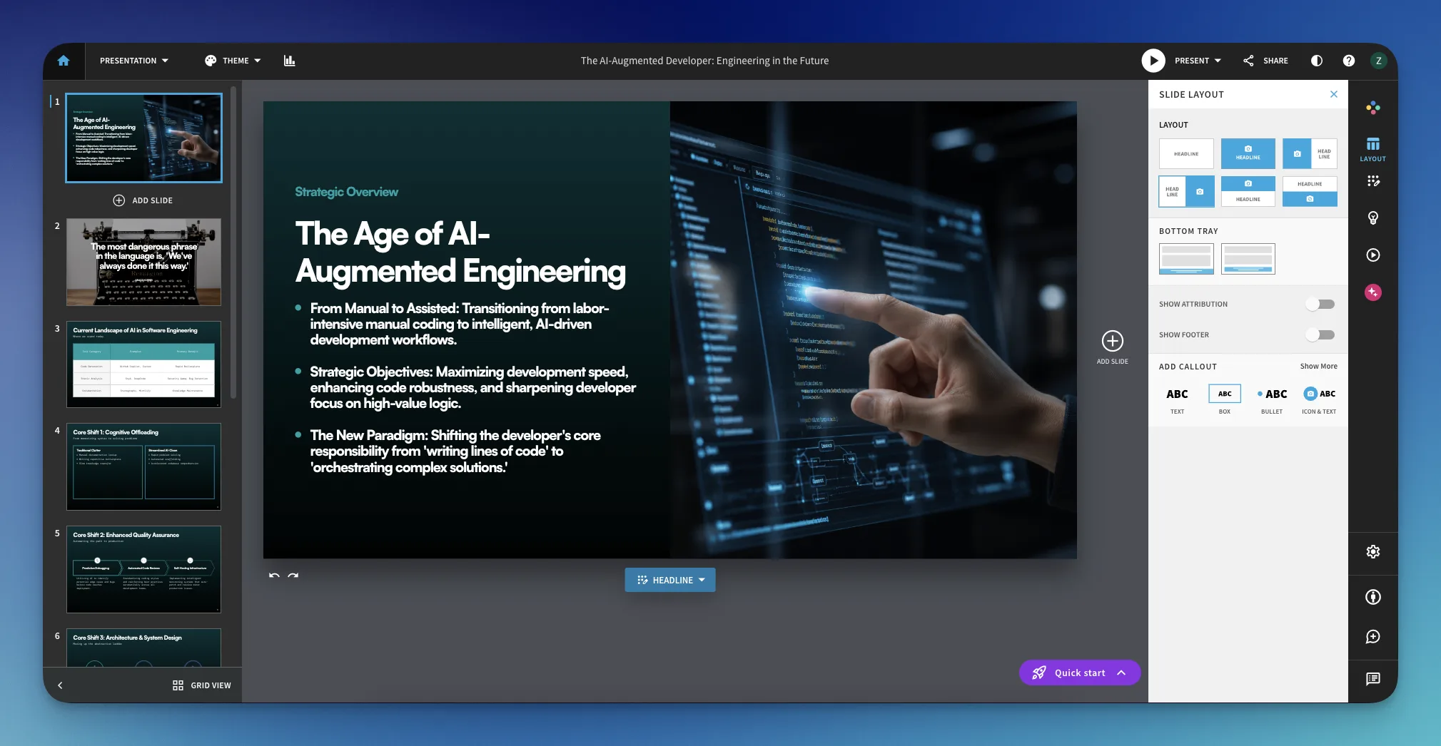 Beautiful.ai slide editor with layout panel