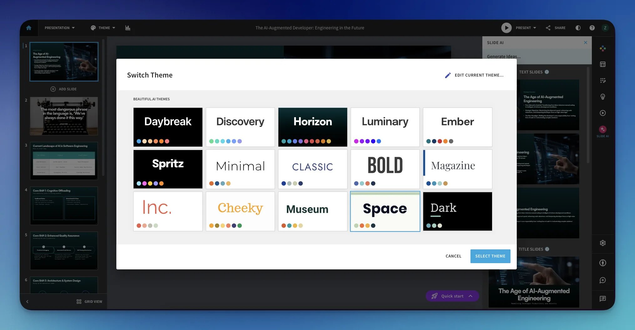 Beautiful.ai switch theme modal showing color and font themes