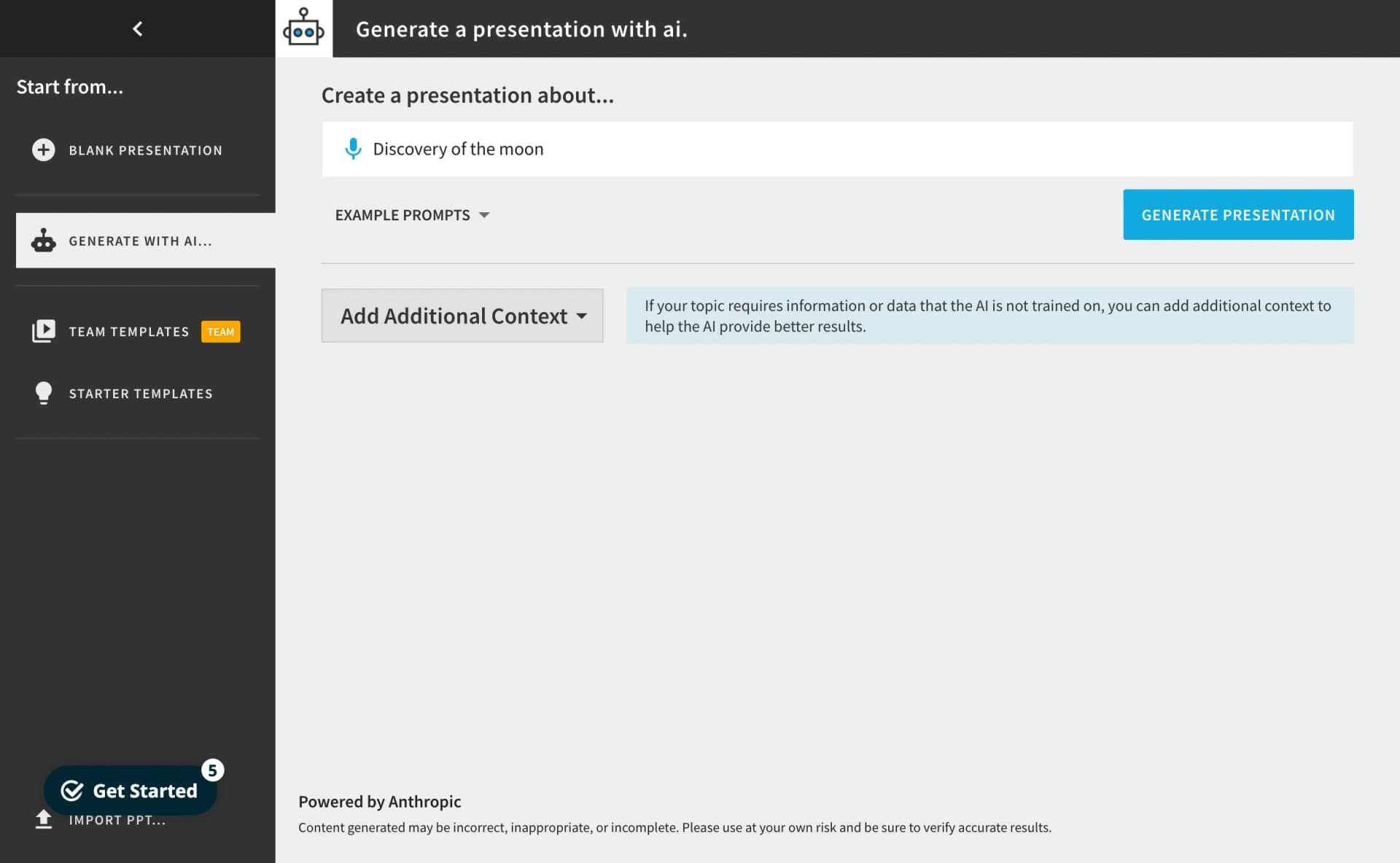 Beautiful.ai create presentation topic entered