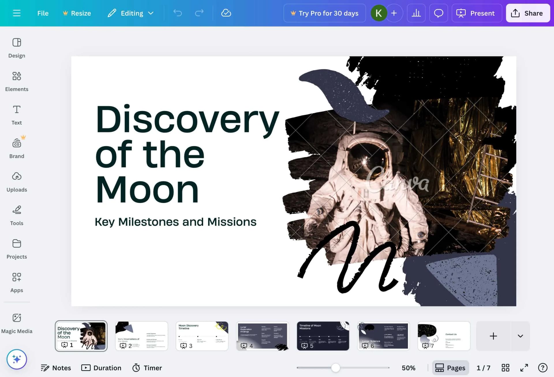 Canva editor showing the complete AI-generated presentation ready for customization