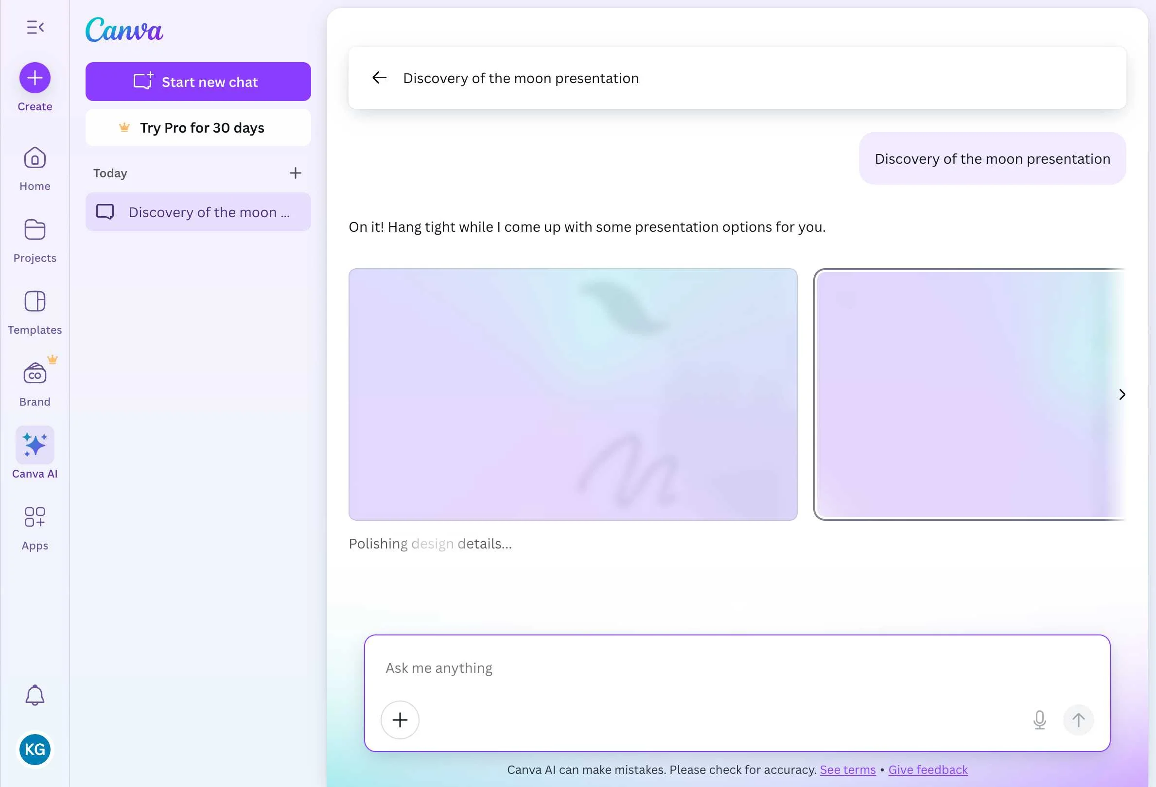 Canva AI generating presentation options with progress indicators