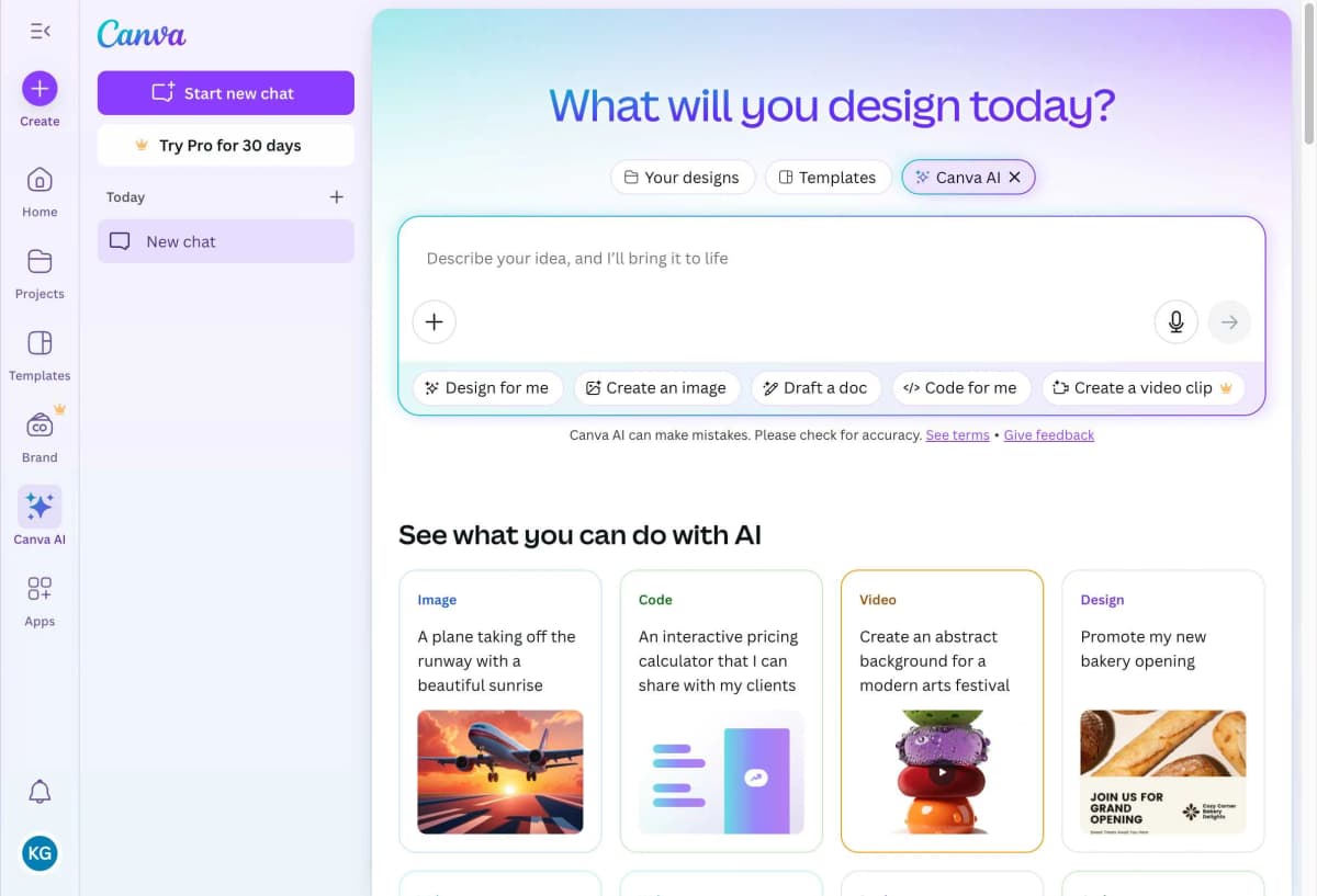 Canva AI Homepage Interface