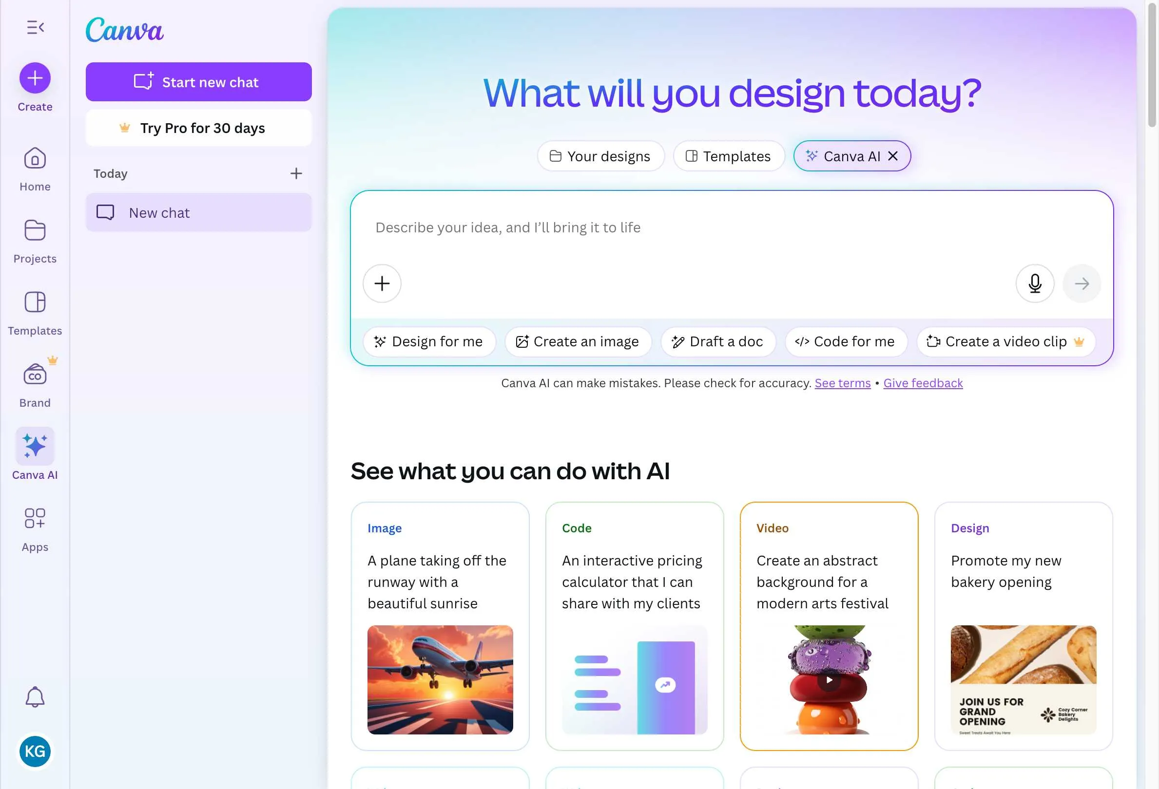 Canva AI homepage