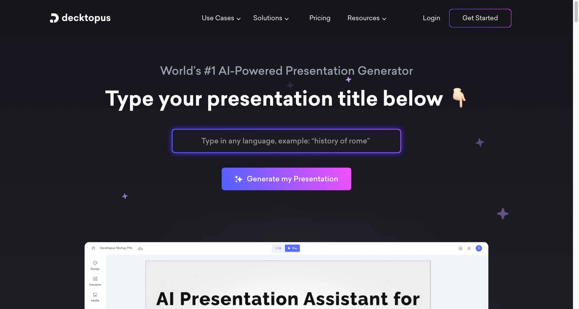 Decktopus homepage showing presentation creation options