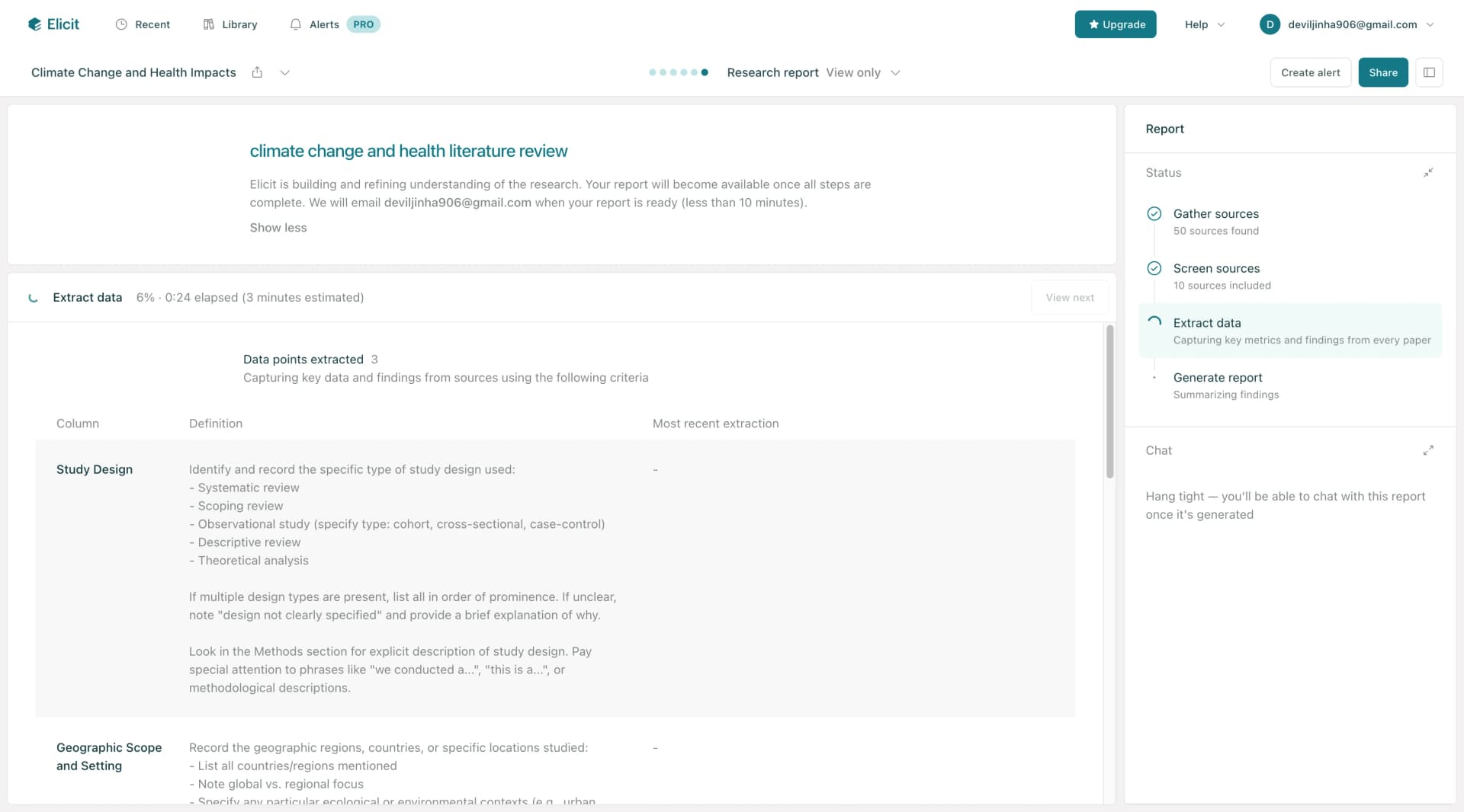 Elicit data extraction progress showing automated paper analysis