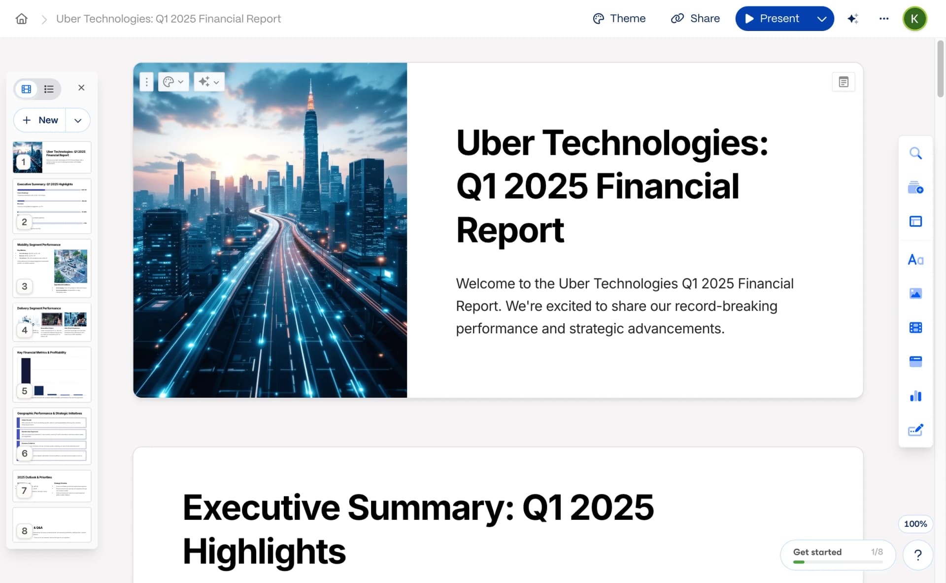 Gamma file import showing Uber 2025 Q1 financial document processing