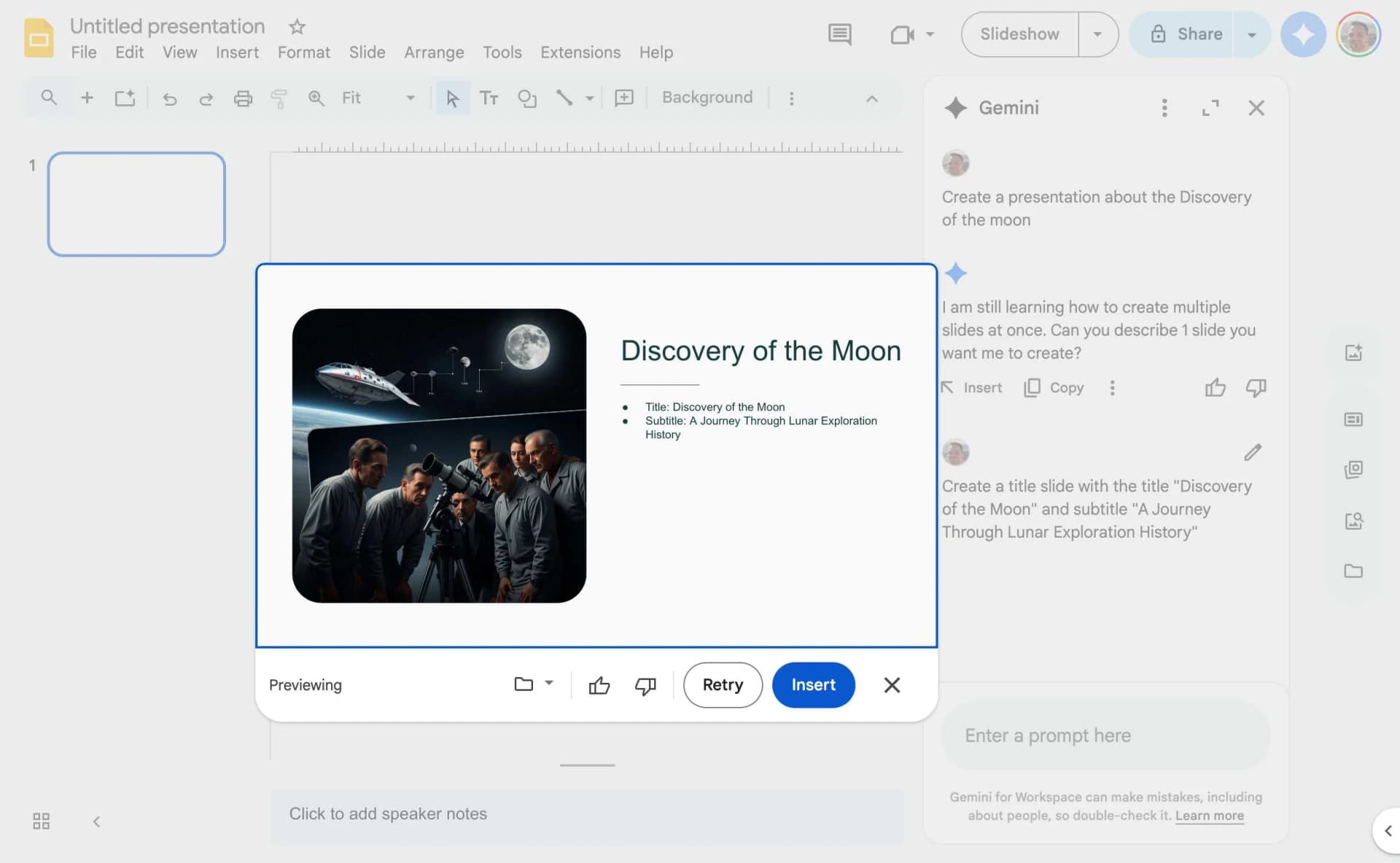 Preview of AI-generated title slide in Google Slides