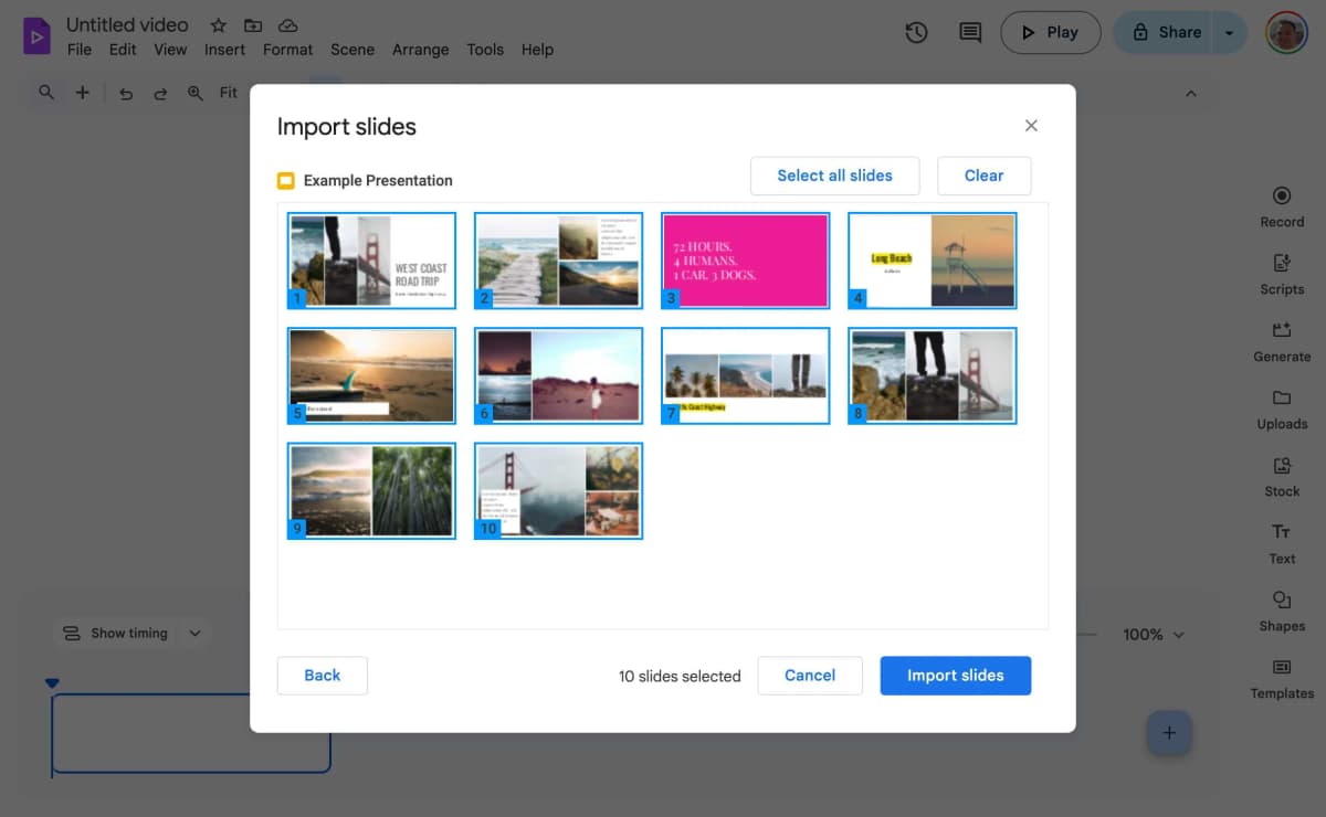Google Vids Slide Selection Interface