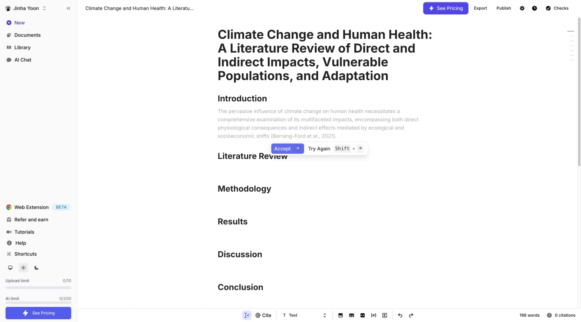 Jenni.ai generated document outline with structured sections