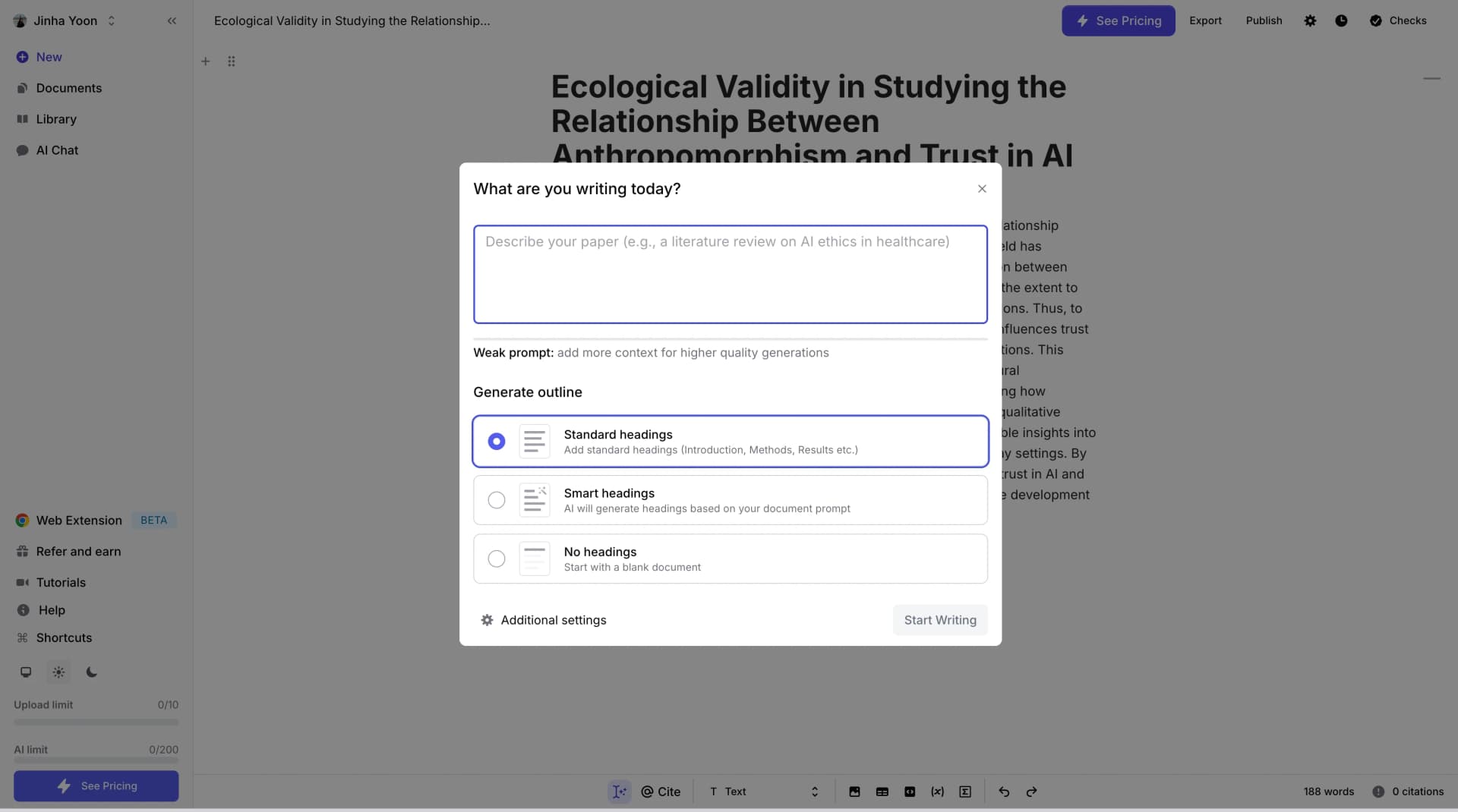Jenni.ai main editor interface for academic writing