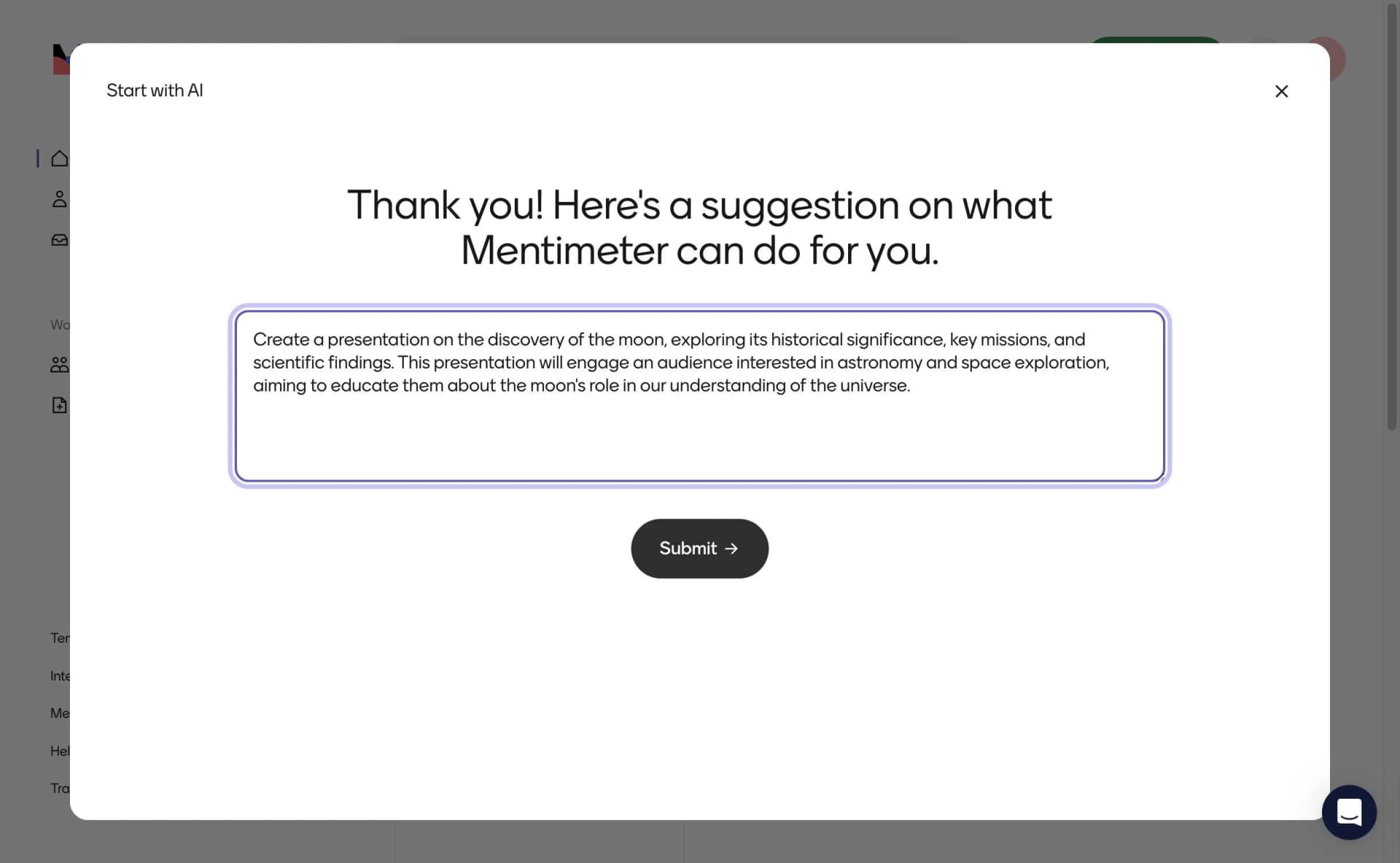 Mentimeter AI generated suggestion expanding the topic into a detailed presentation concept