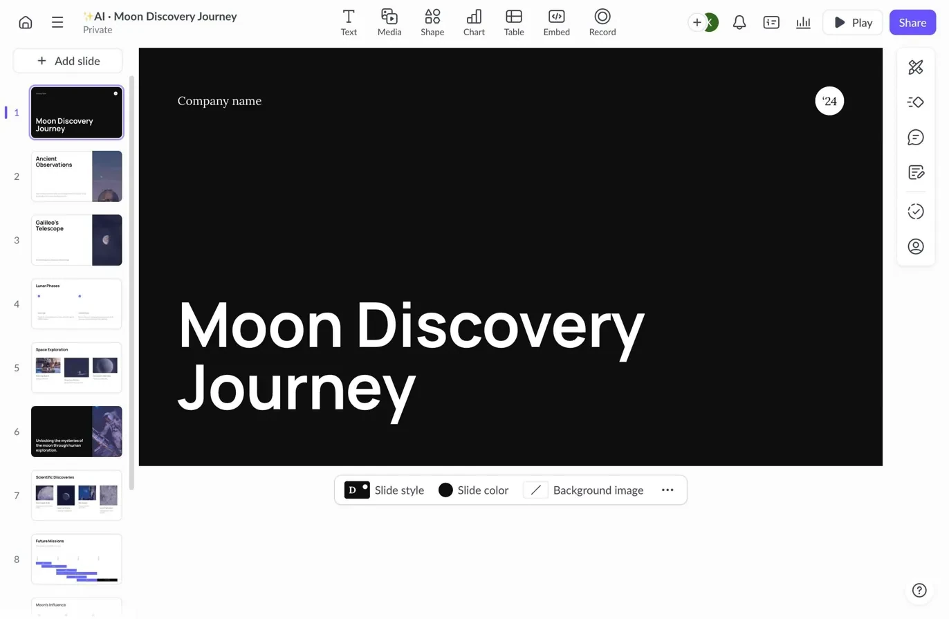 Pitch presentation editor showing title slide