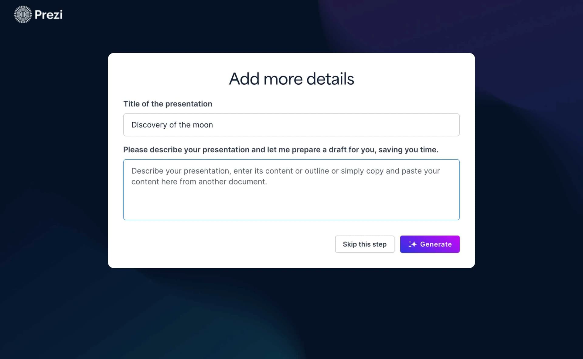 Prezi AI interface showing presentation creation