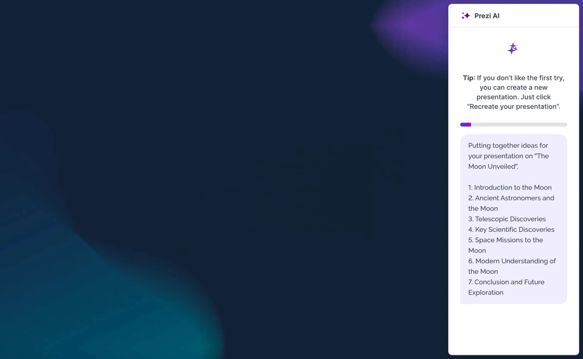 Prezi AI creating presentation with progress animation