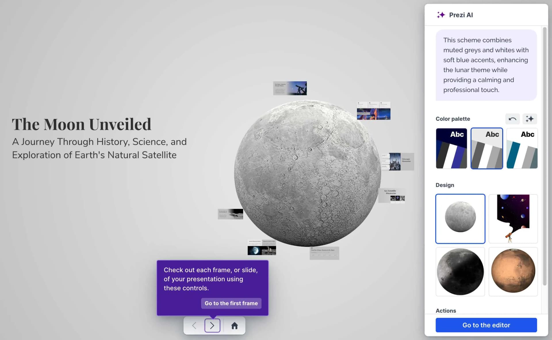 Prezi AI generation preview showing customization options