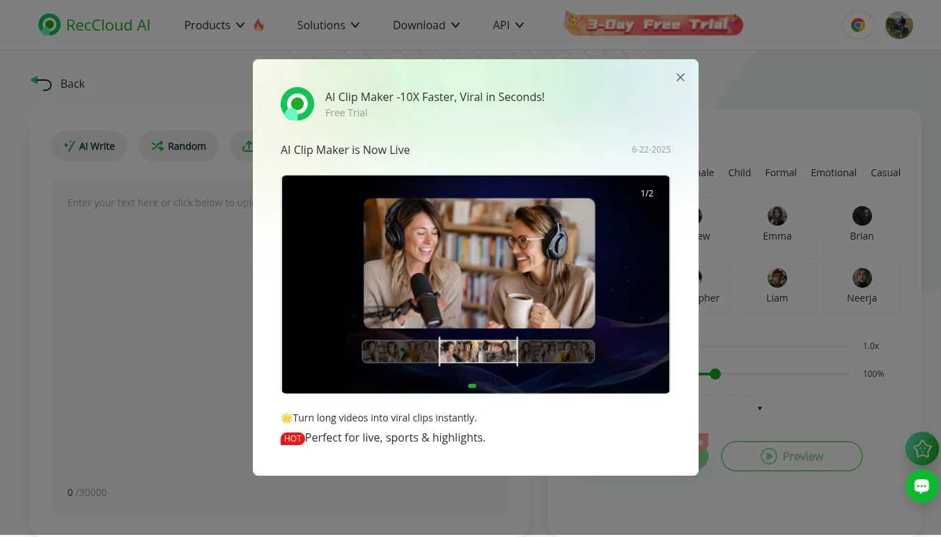 RecCloud AI Voice Generator Interface