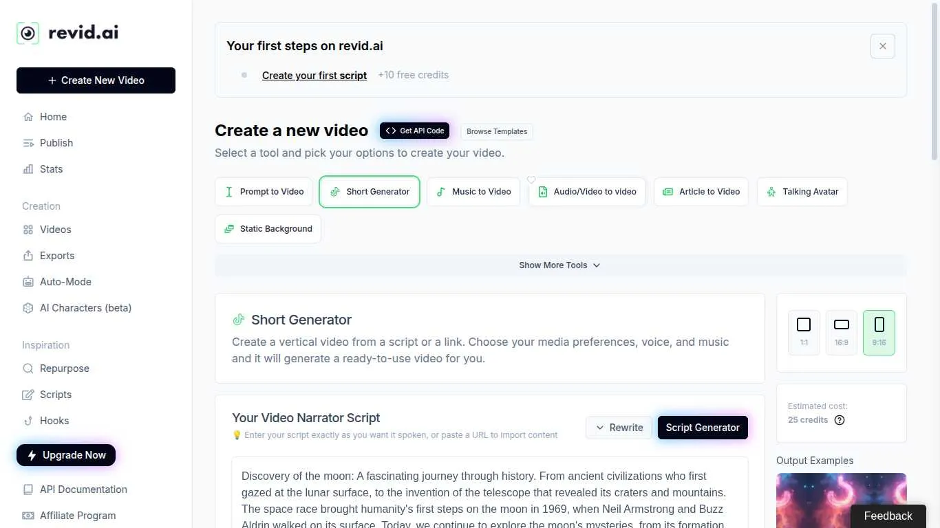 Revid.ai script generation interface