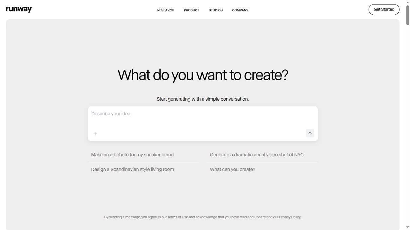 RunwayML homepage showing AI content generation