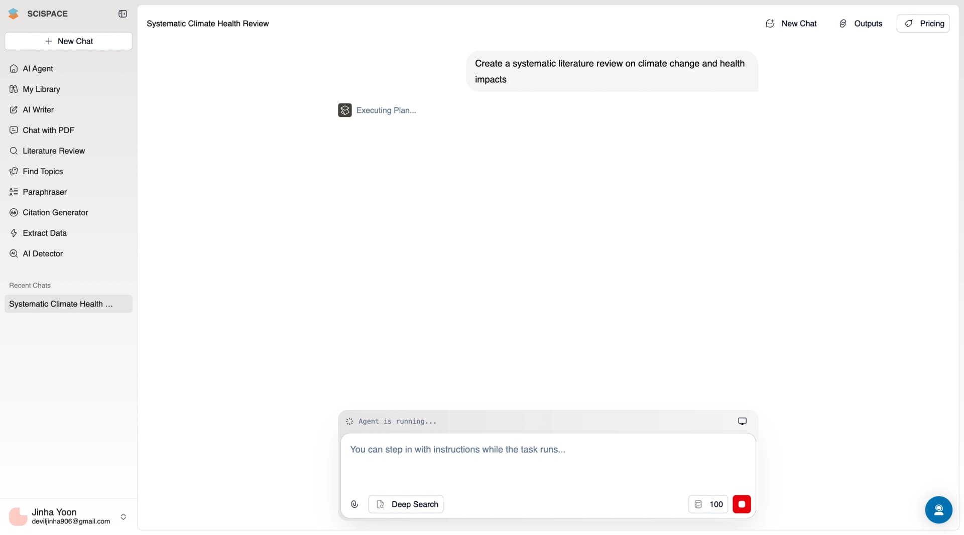 SciSpace literature review interface starting a new research project