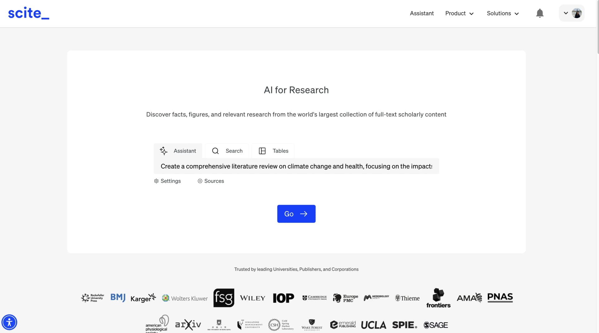 Scite.ai assistant page for fact-checked research queries