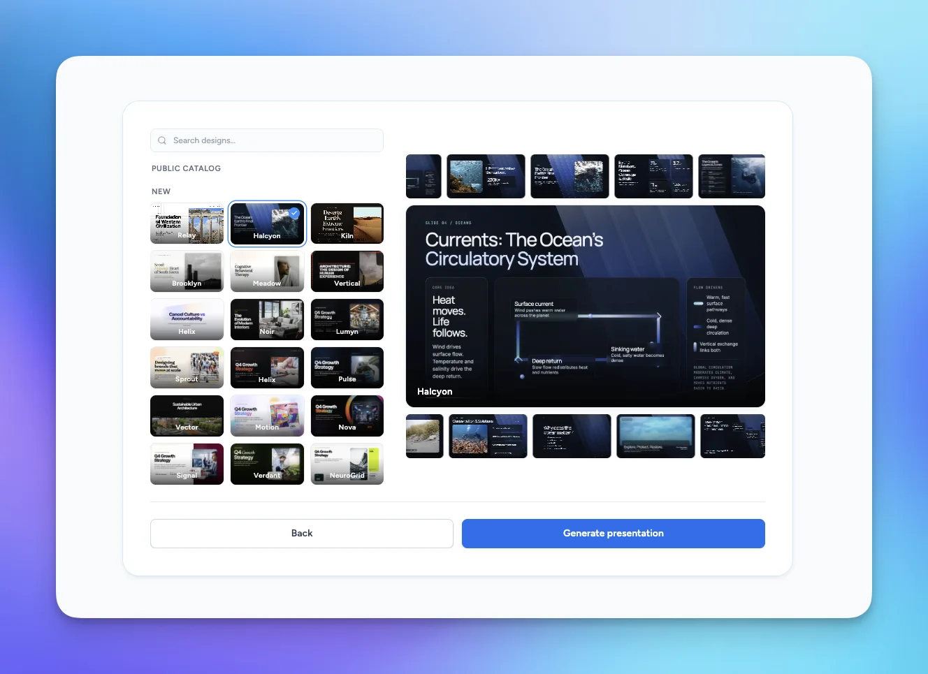 SlideSpeak 2.0 template selection with live slide preview