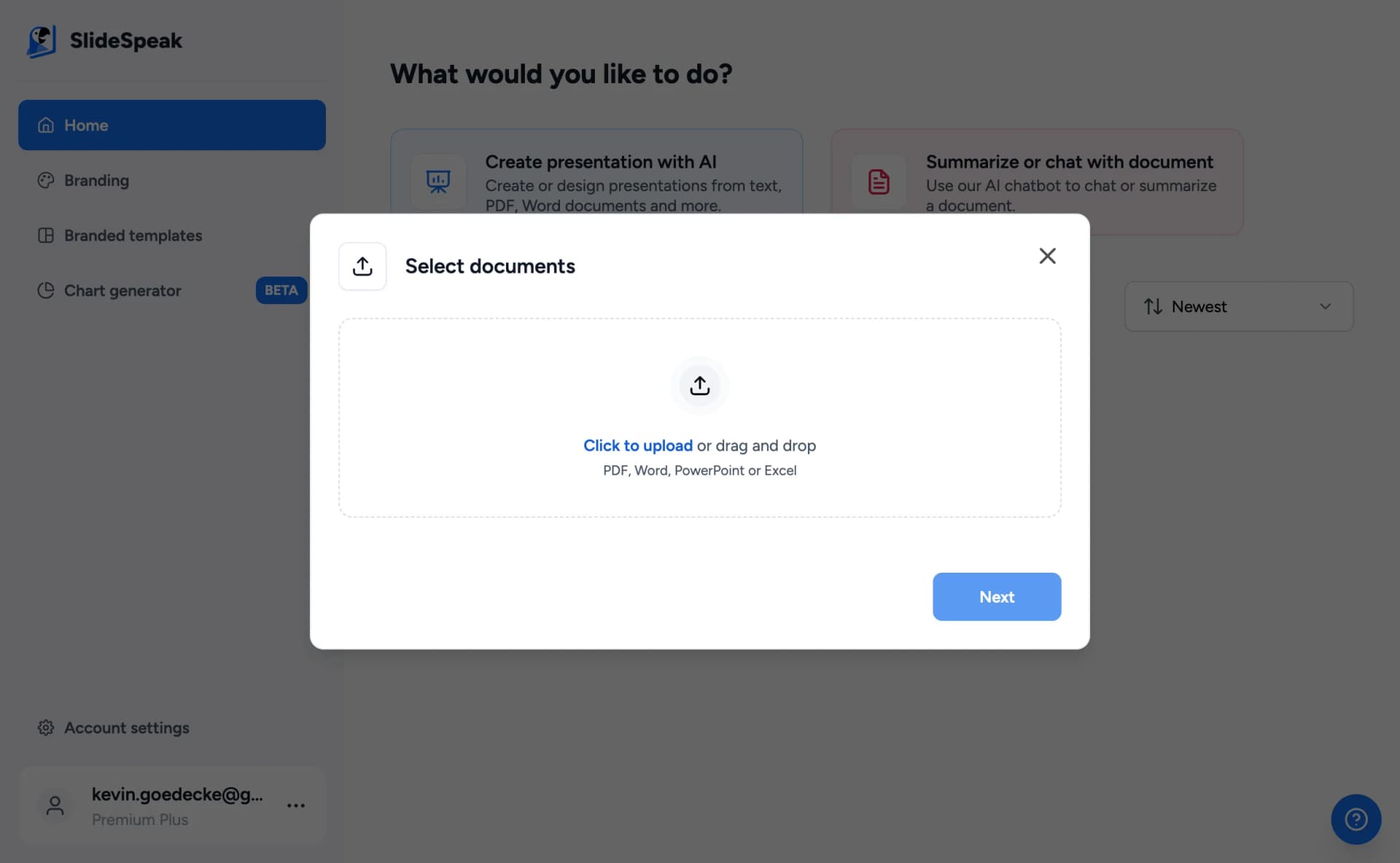 SlideSpeak document upload interface