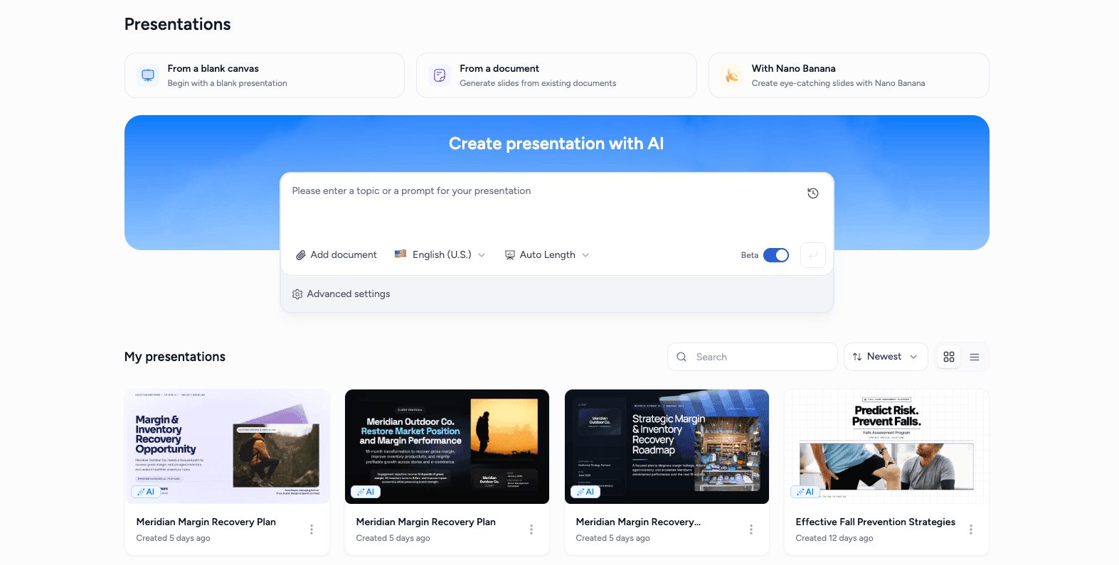 SlideSpeak create presentation from text or document dialog