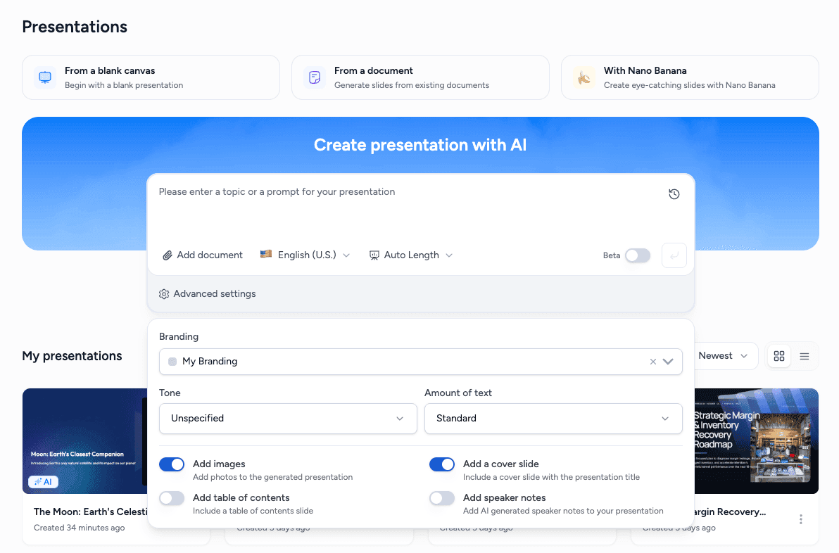 SlideSpeak topic input interface