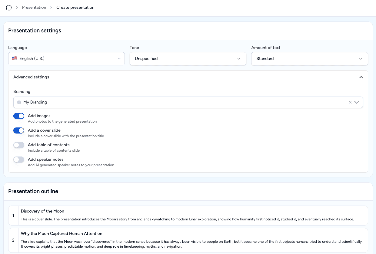 SlideSpeak Detailed Settings Configuration