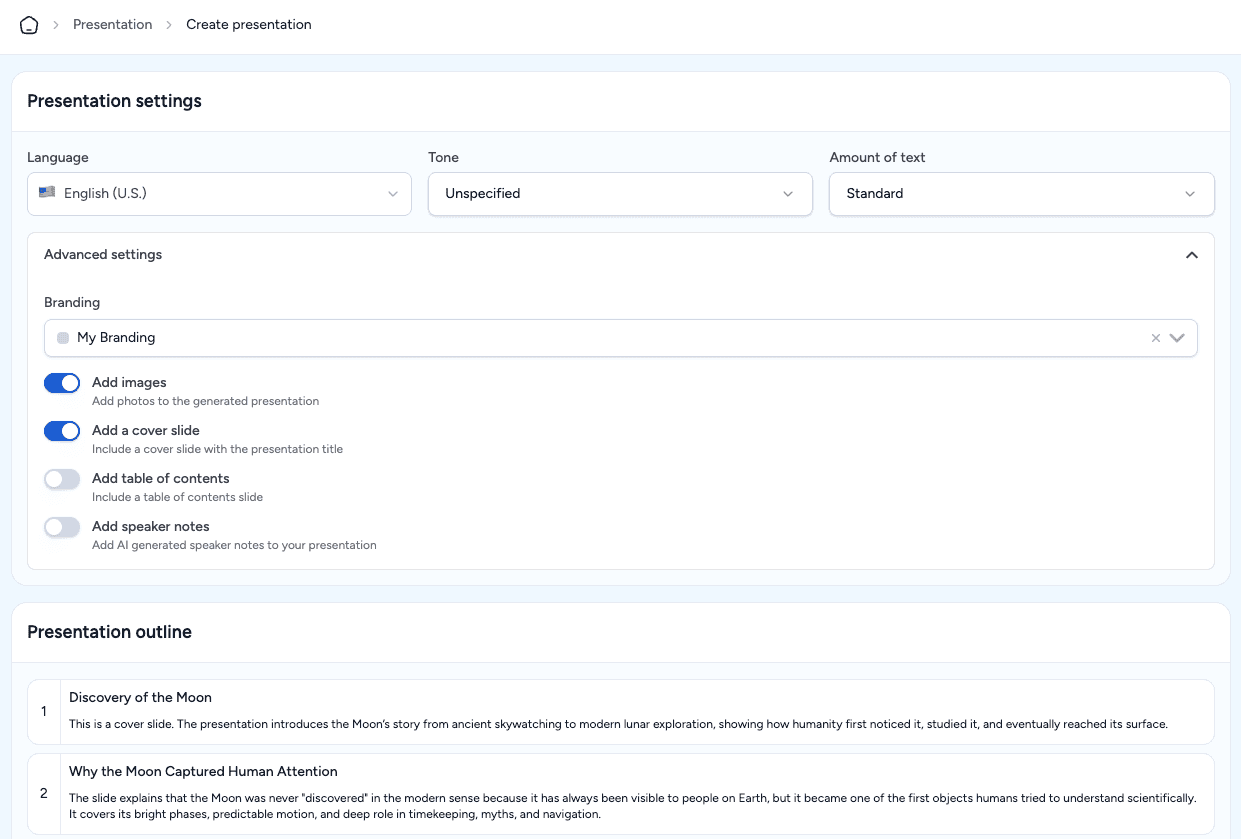 SlideSpeak presentation configuration settings showing advanced options