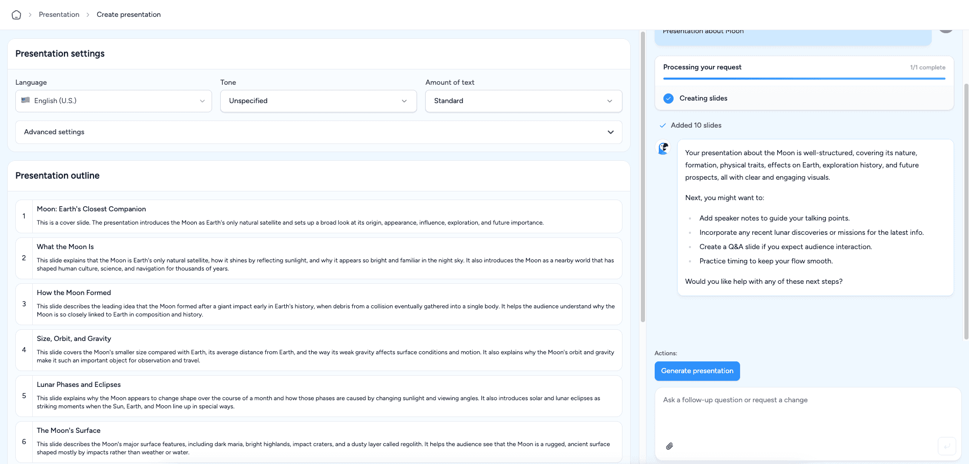 SlideSpeak AI chatbot outline editor