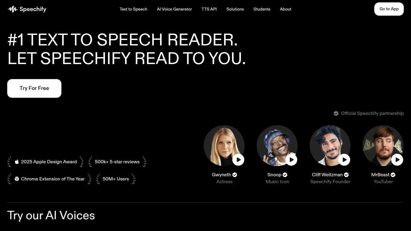 Speechify Main Landing Page