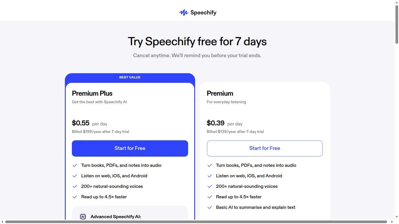 Speechify Pricing Plans