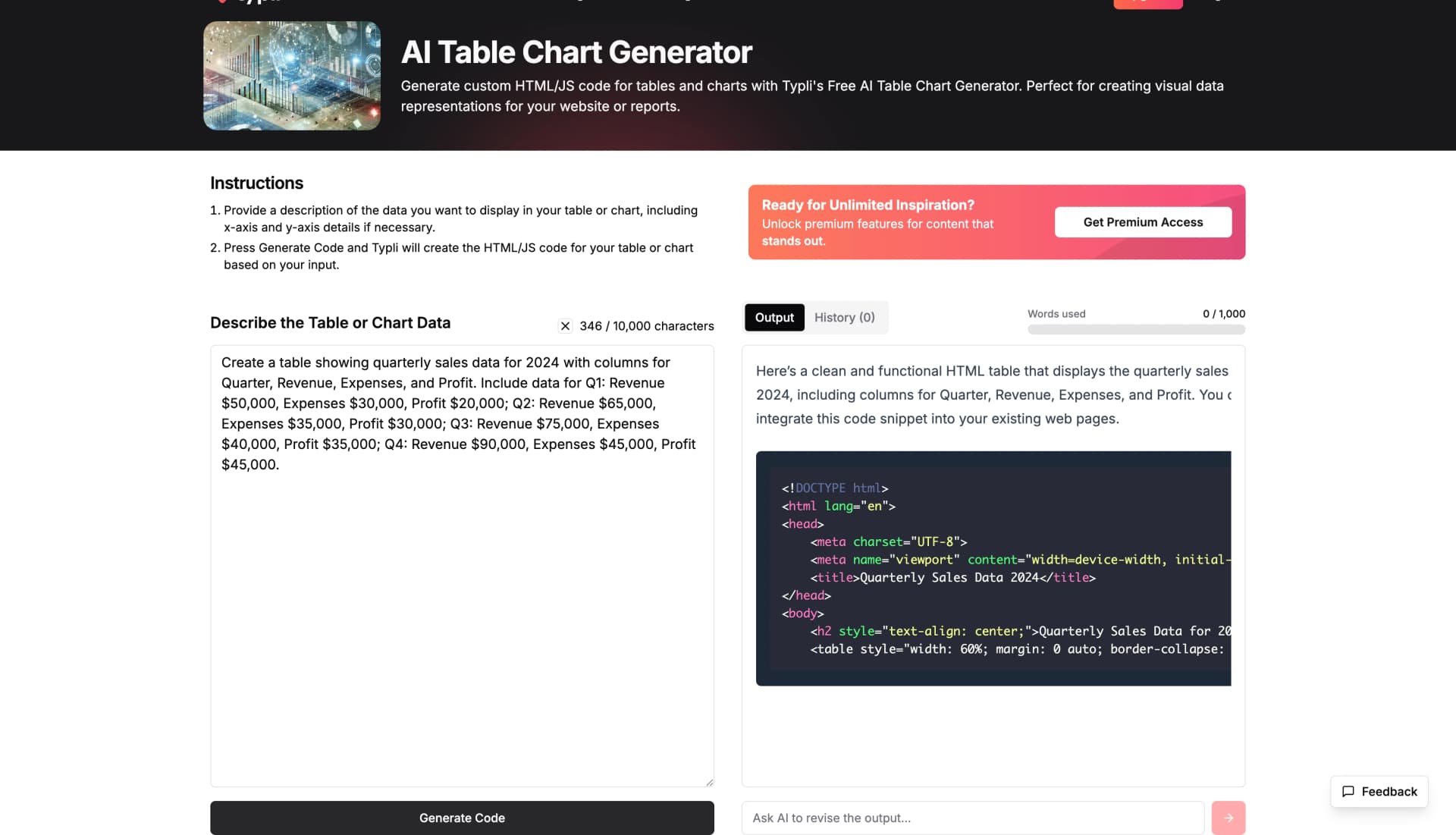 Typli.ai Interface showing generated HTML/JS code