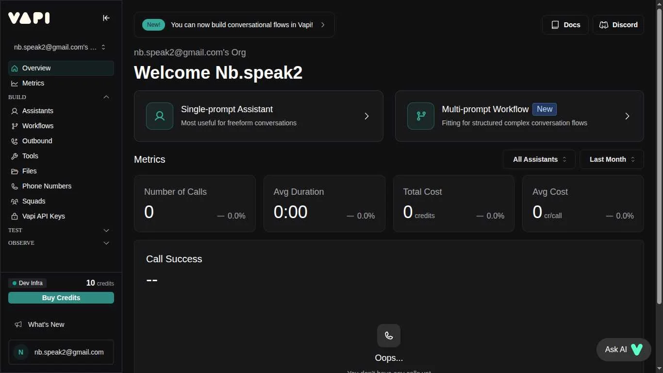 Vapi.ai Dashboard Overview