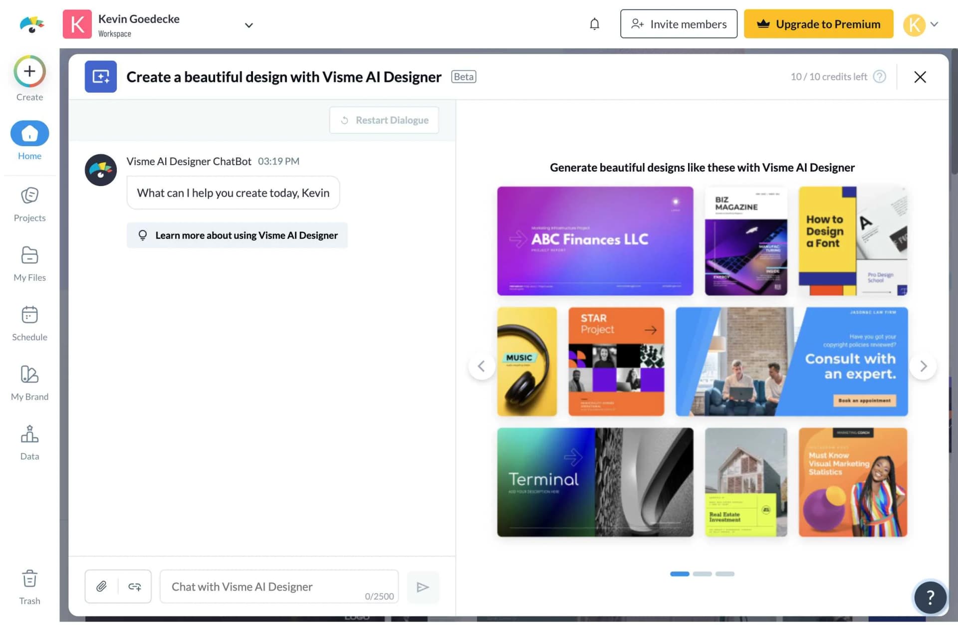 Visme AI Designer interface showing design creation process
