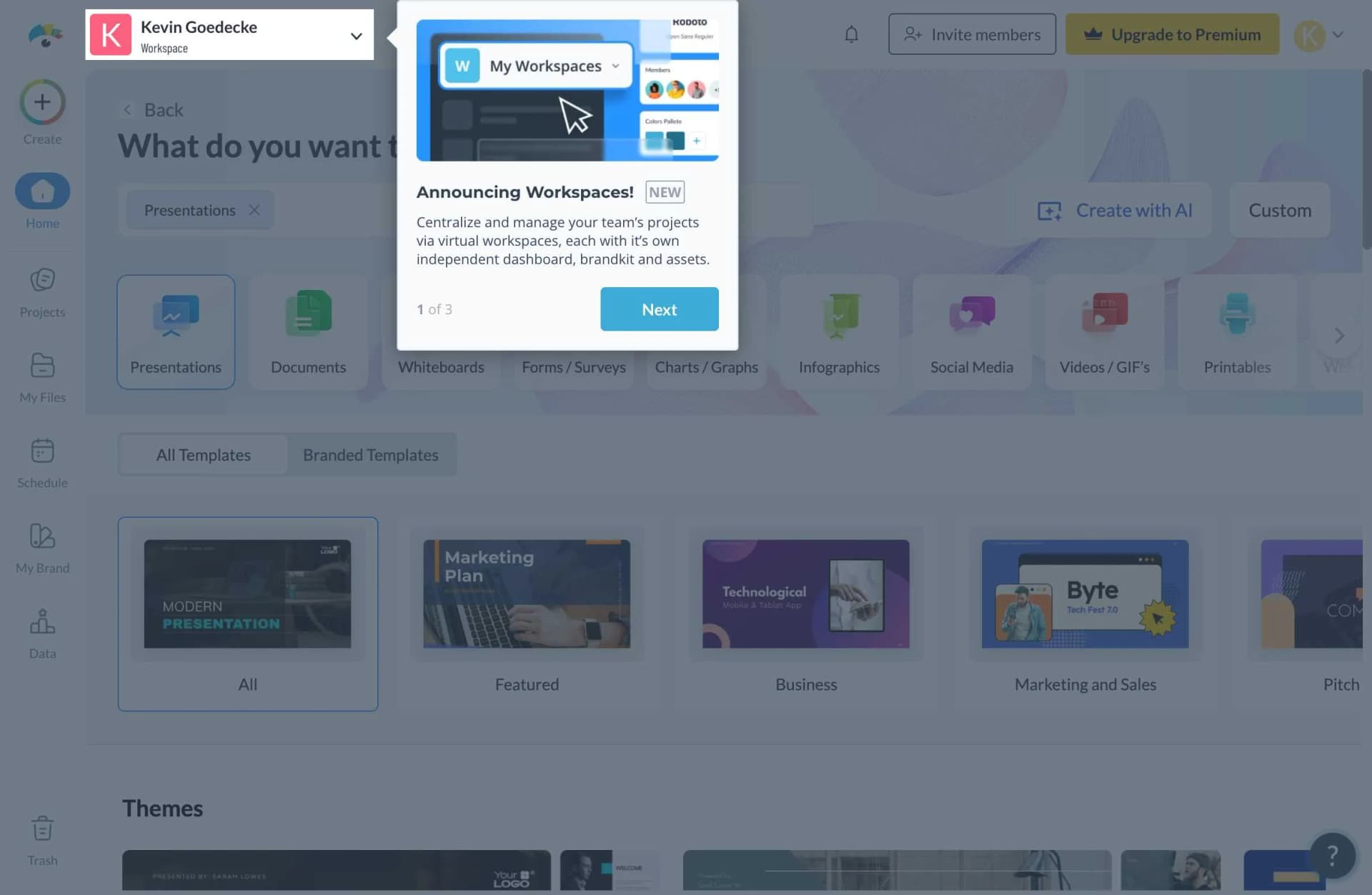 Visme Dashboard showing various design options and templates