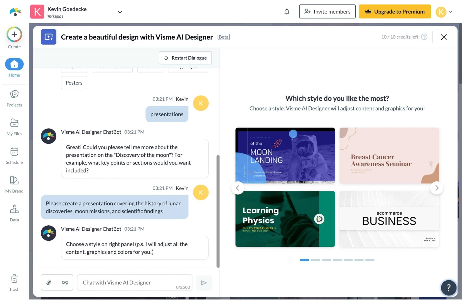 Visme style selection options for customizing presentation design