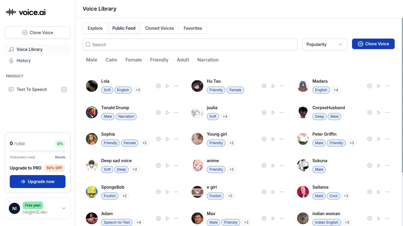 Voice.ai Voice Library Dashboard