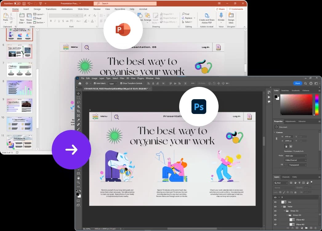 PowerPoint to PSD conversion before and after comparison