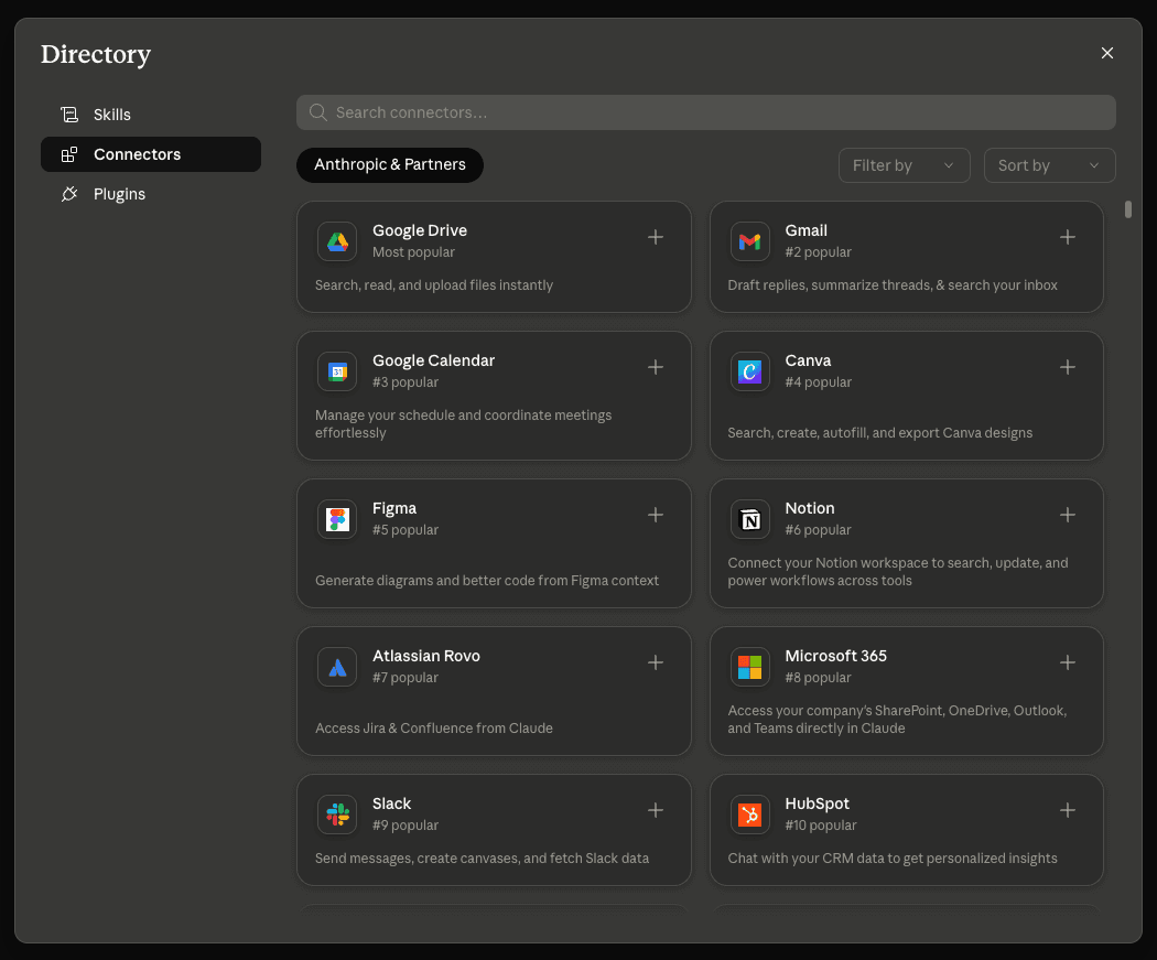 Claude connectors directory showing Google Drive, Notion, Slack, and other sources you can add alongside SlideSpeak